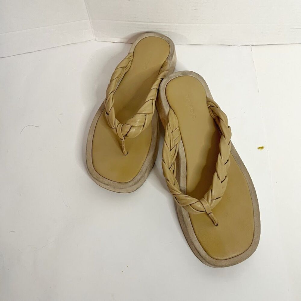Vince Nita Braided Leather Square Toe Platform Fit Flop Thong Strap Sandals